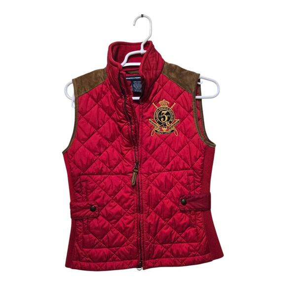 Ralph Lauren Sport Quilted Vest Suede Trim Red Small - Picture 1 of 10